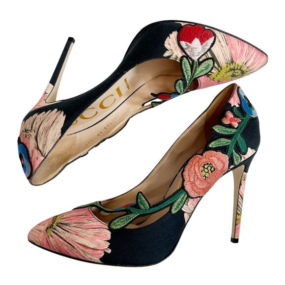 GUCCI Ophelia Floral Embroidered Printed Satin Pumps Graphite Black Pink - Picture 6 of 11